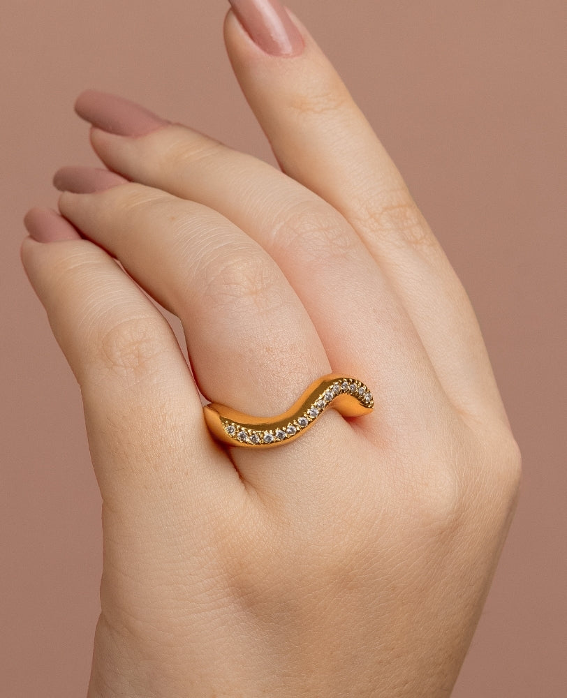 Anel Ondulado Liz Zircônia - Ouro