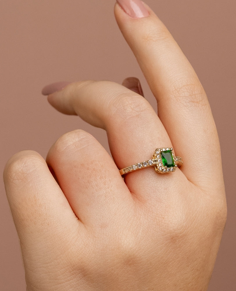 Anel Esmeralda Zircônia - Ouro